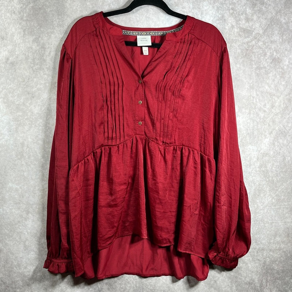 Knox Rose Taro Blouse Womens Size 2XL Red Babydoll Balloon Sleeves Pintuck Boho